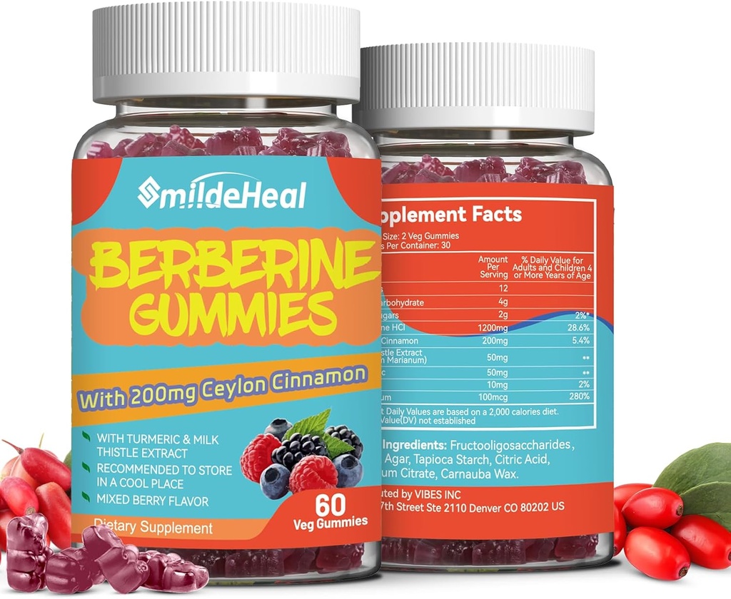 2 Pack Berberine Gummies 1200mg with Ceylon Cinnamon 200mg, Milk Thistle Extract & Turmeric, Vegan Berry Flavor, Non-GMO, Gelatin-Free, Gluten-Free, 120 Count
