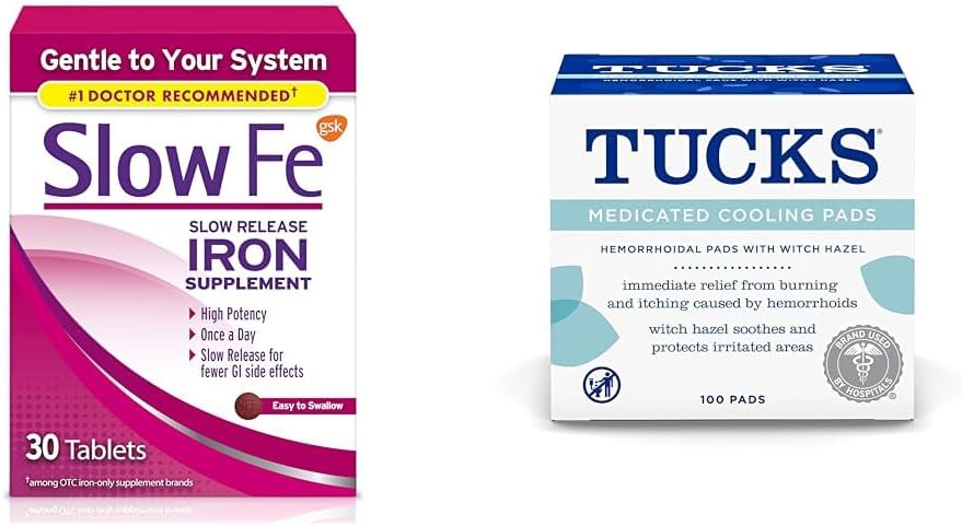 Slow Fe 45 מ"ג ברזל תוספת של טבליות למניעת ברזל ו Tucks Medicated Cooling Pads for Hemorrhoids, 100 Count