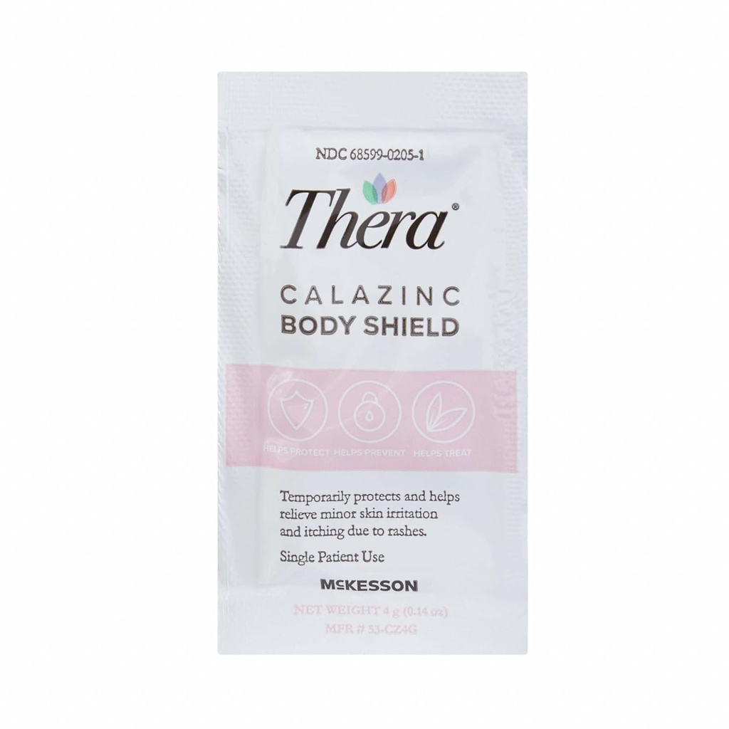 Thera Calazinc Body Shield, Calamine עם Zinc Cream[עריכת קוד מקור | עריכה] - Skin Barrier Ointment for Eczema, Psoriasis, Diaper Rash - Individual Packets, 4 g Packet