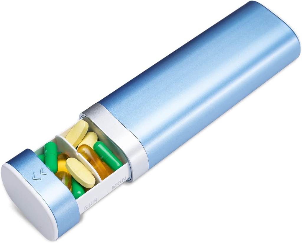 Betife Travel Pill ארגן שבועי 7 יום, קומפקטית כל יום גלולת גלולות, מקרה רפואה ניידת, גלולת גלולה חמודה עבור תוספי ויטמינים, צייר-Shaped Pills מארגנת (כחול)