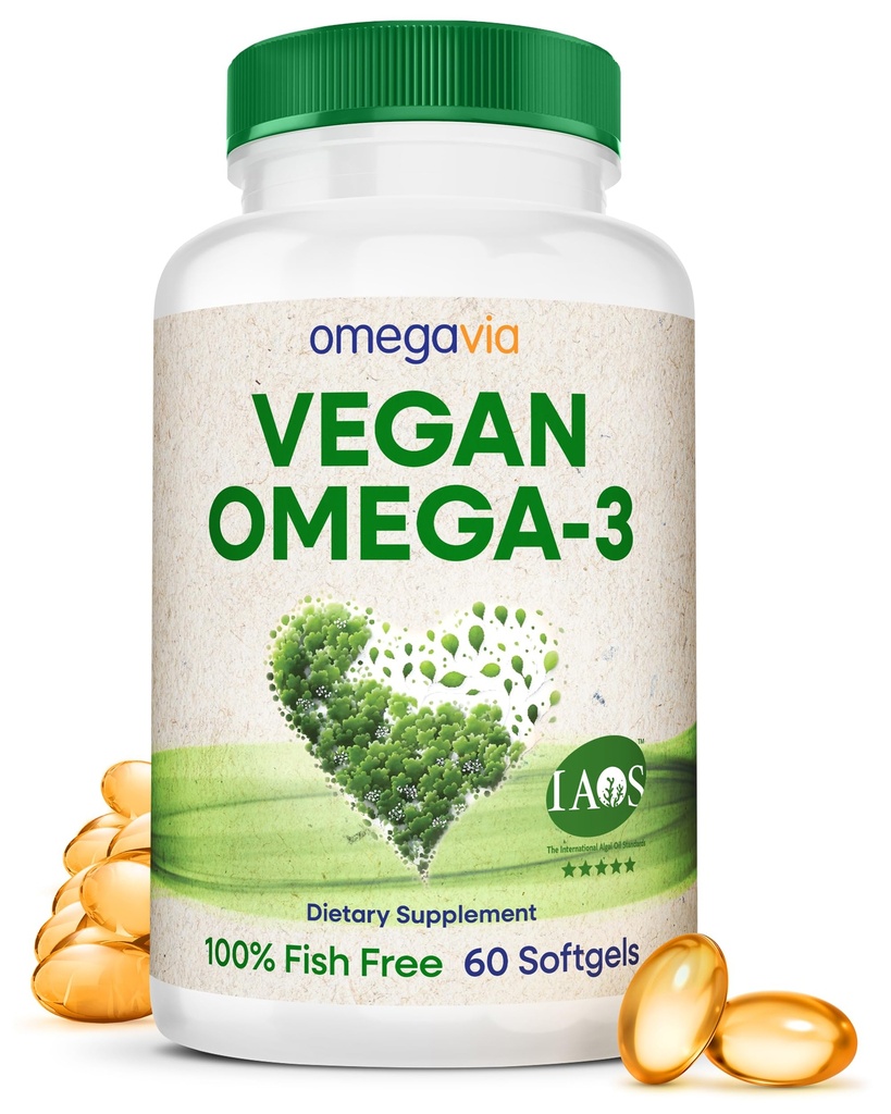 אומגהVia Vegan אומגה 3, Algae אומגה 3 שמן אלטרנטיבי, 300 מ"ג טבעוני DHA Fatty Acids, Plant Based, Planet and Ocean Friendly, IAOS 5 Star Tested, 60 Softgels