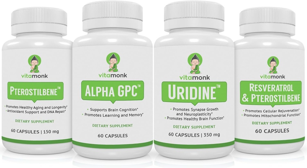 VitaMonk Resveratrol, Pterostilbene, Alpha GPC ואורייד בונדל - Longevity and Brain Boosting Stack