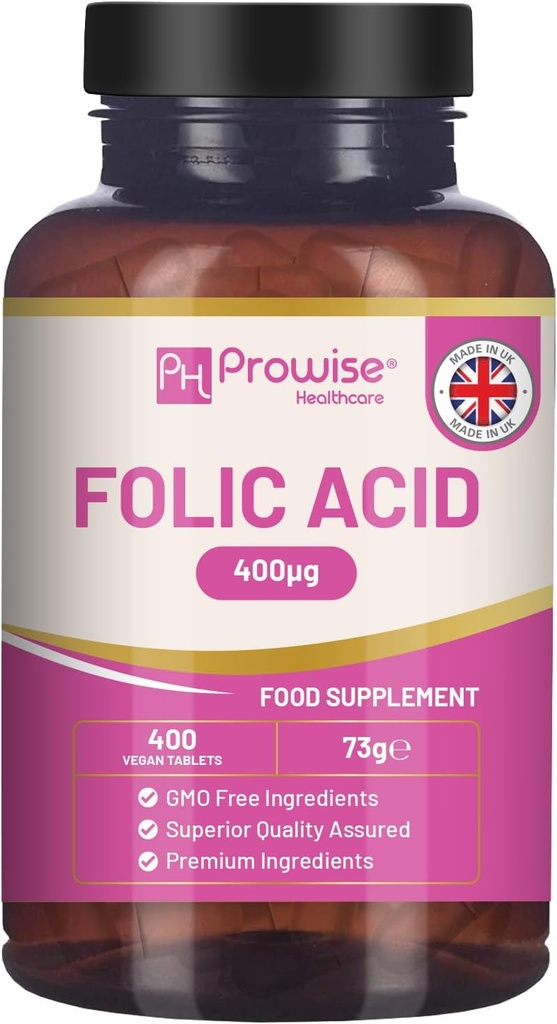 טבליות Folic Acid 400 mcg - 400 טבעוני ויטמין B9 טבליות | 13 חודשים אספקה | ויטמין B9 הריון טיפול | פונקציונליות נורמלית של מערכת החיסון & Maternal Tissue Growth במהלך ההריון | בריטניה Made - Prowise