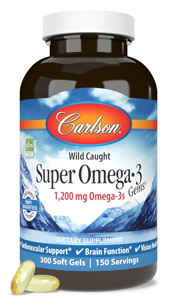 קרלסון - Super אומגה 3 Gems, 1200 מ"ג אומגה 3 חומצות שומן עם EPA ו DHA, Wild-Caught נורוויג'ן שמן תוספי שמן דגים, לכאורה Sourced קפסולות 300 Softgels