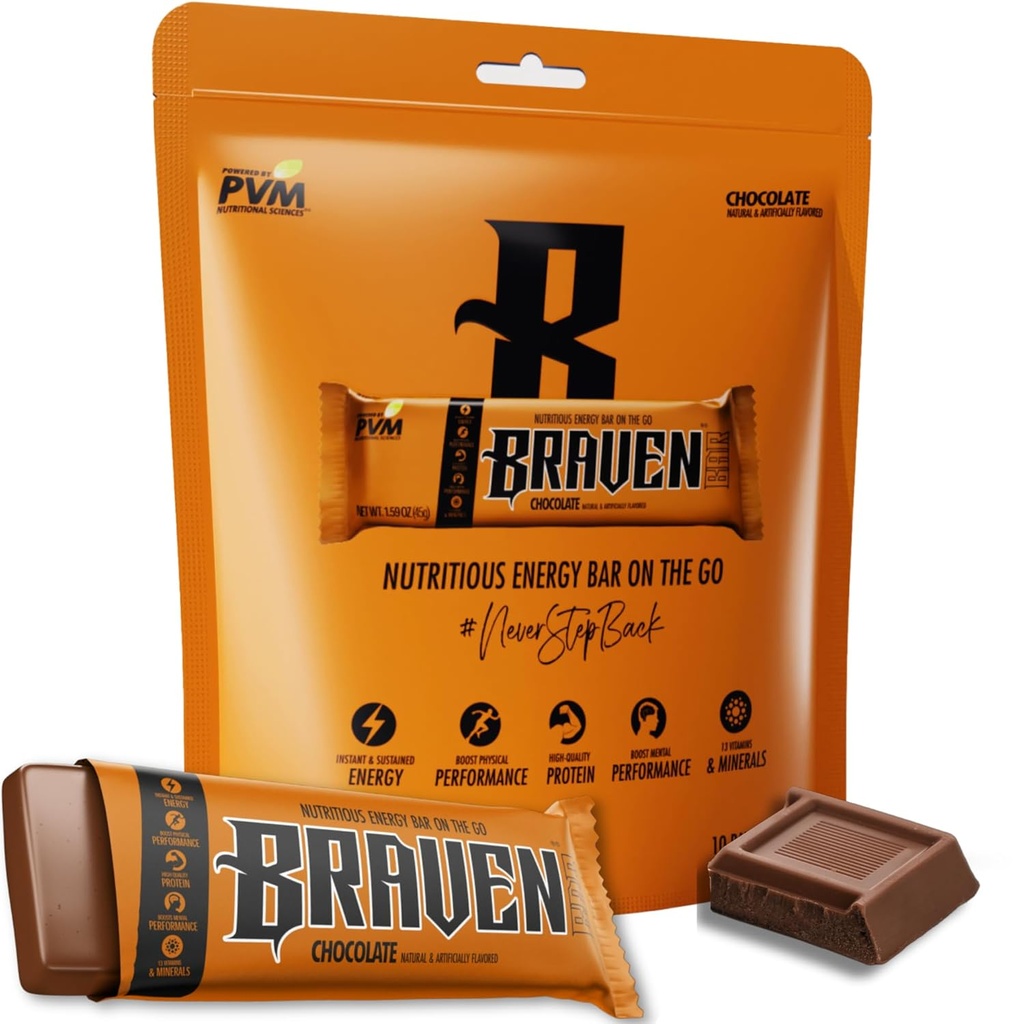 Braven Bar Chocolate Energy Bars (1.59 oz, Pack של 10) - אנרגיה צ'יפס עם חלבון 5g - על-ה-Go Energy חטיפים עבור ריצה, Hiking, וספורט - גלוט חטיפים חינם עבור אנרגיה נגועה