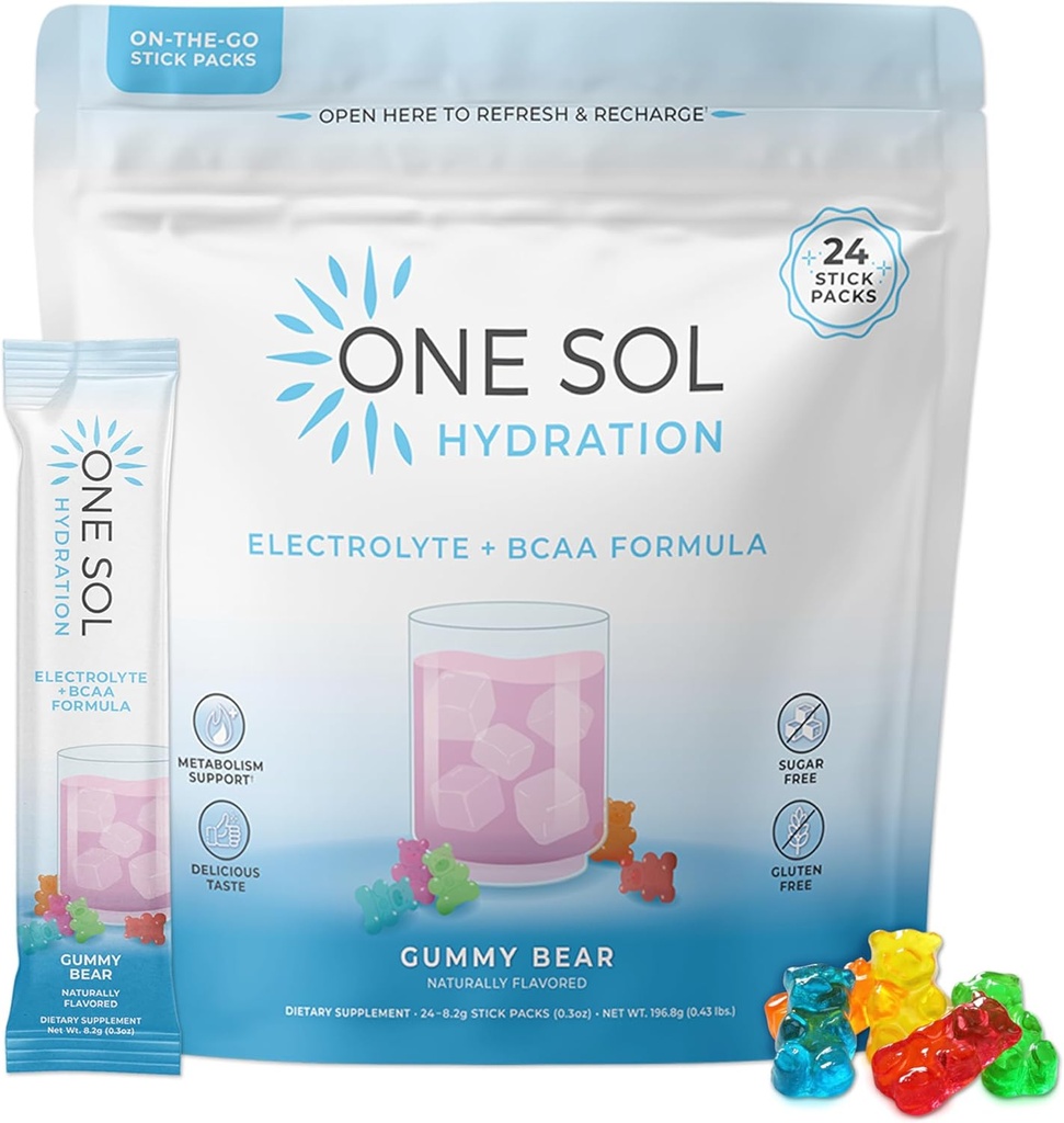 One Sol BCAA & Electrolyte אבקת עבור הידרציה ואנרגיה, All-Natural פורמולה, 100% טבעוני, non-GMO, Gluten Free & Soy-Free, מקדם צמיחה שרירים ושיקום, מסטיקני Bear Flavor