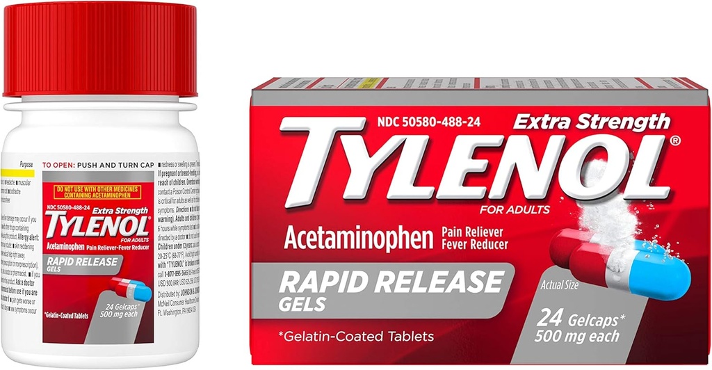 Tylenol תוספת כוח Acetaminophen Rapid Release Gels, Pain Reliever & Fever מופחת, 24 ct