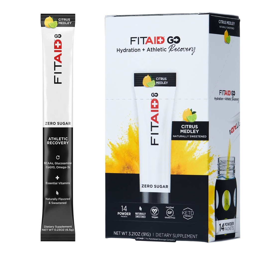 FITAID GO ZERO SUGAR Recovery Packet, W/ BCAAs, Glucosamine, Electrolytes, אומגה 3s, 100% נקי, Keto- Friendly, Vegan & Gluten-Free, 5 קלוריות, כמובן מתוקן, 14 Pack