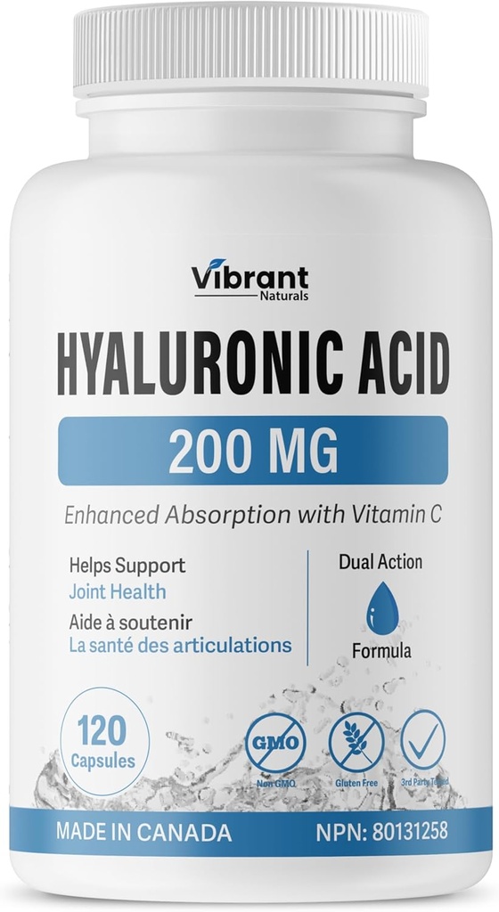 תוסף Hyaluronic Acid 200 מ"ג - 120 קפסולות, עם ויטמין C 100 מ"ג, Joint & Skin Health, Non-GMO פרמנטציה, Gluten Free, צד שלישי נבדק, פורמולה Bioavailable Formula