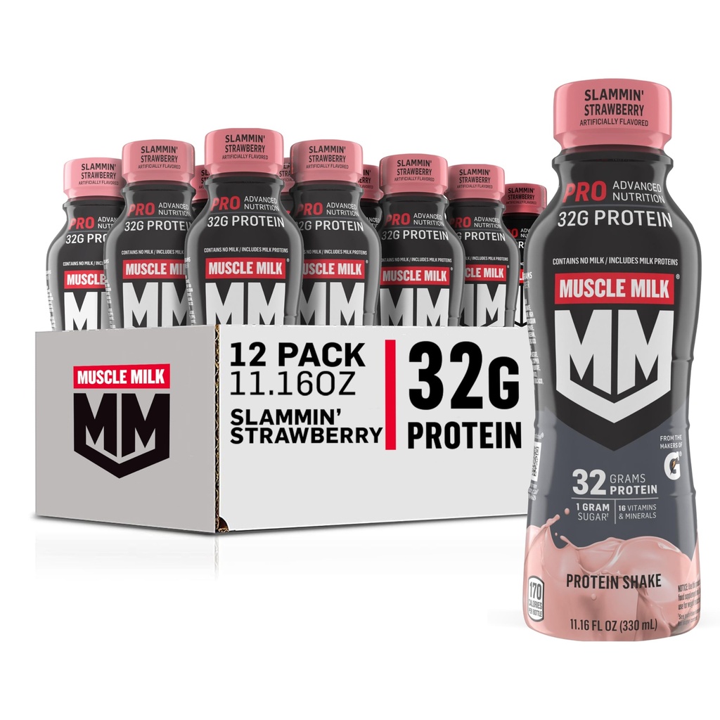 חלב שרירים Pro חלבון מתקדם דיאטה שקד, Slammin' Strawberry, 11.16 Fl Oz (Pack of 12), 32g חלבון, 1g סוכר, 16 ויטמינים ומינרלים, 5g סיבים