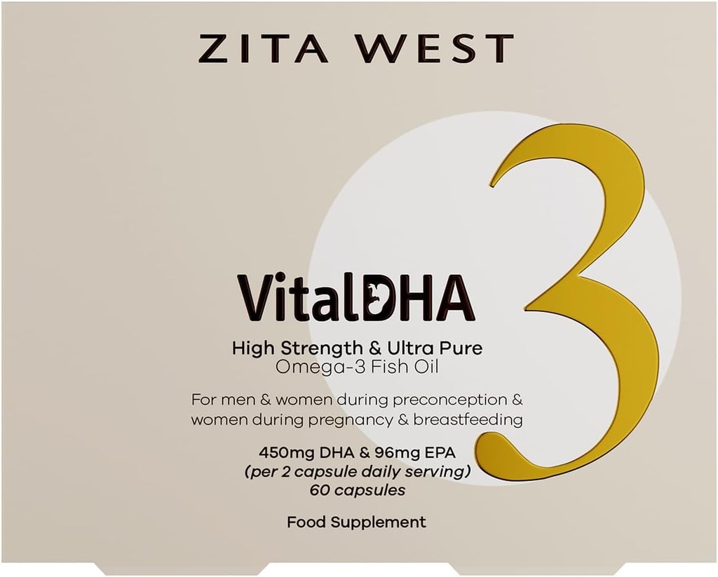 Zita West Vital DHA - Prenatal DHA ו EPA עם Zinc עבור פוריות, הריון, והנקה חזה - אומגה 3 לפיתוח המוח - 60 קפסולות (1 חודש אספקה)