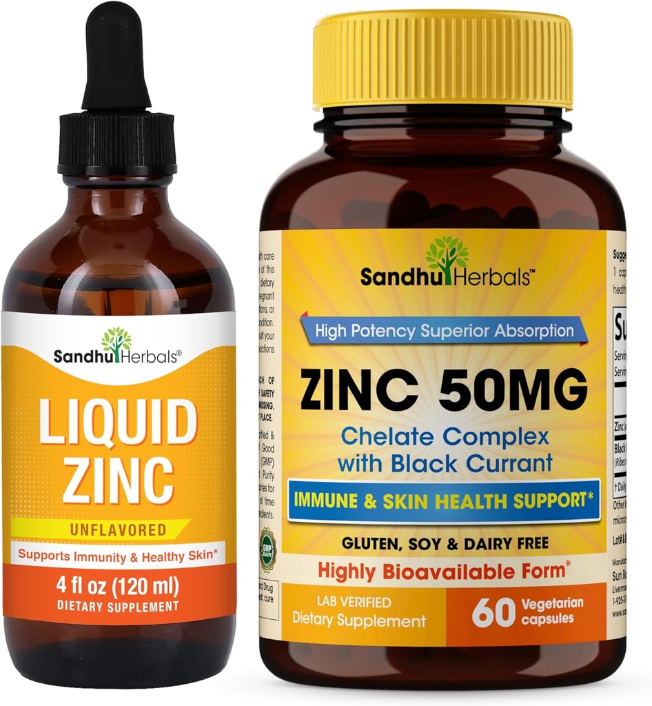 Sandhu Herbals נוזל Znc טיפות 4 Oz & Zinc קפסולות 60 הרוזן תוסף | תמיכה Immune ו- Skin Health