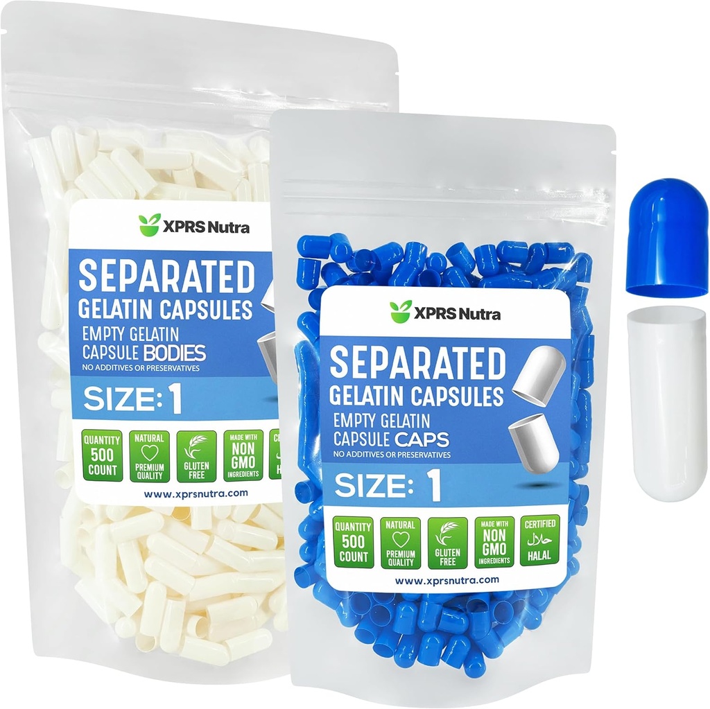 XPRS Nutra Size 1 Gelatin בנפרד קפסולות של 500 ספירת גלולות ריקות בנפרד ב Bags - גלולות ריקות עבור תוסף DIY מלא (כחול / לבן)