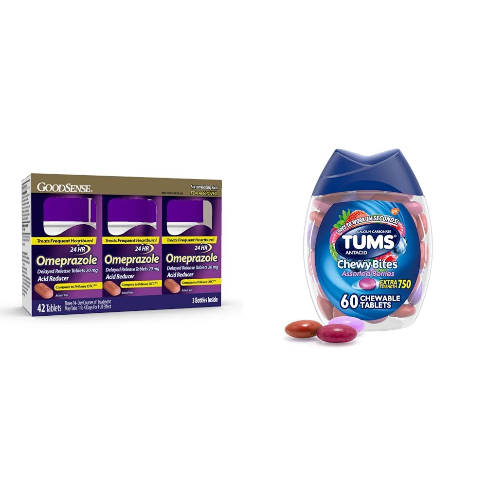 GoodSense Omeprazole Tablet 14 Count (3 Pack) ו TUMS Chewy Bites Antacid Tablet 60 Counts