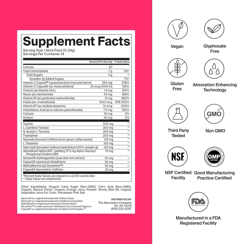 חברת Absorption משקאות אנרגיה אבקת Mix Packets - אנרגיה נקייה Booster כדי לתמוך באזהרות עם 150 מ"ג טבעי קפאין ווויטמין C - פירות Punch Flavor, 28 מקלות