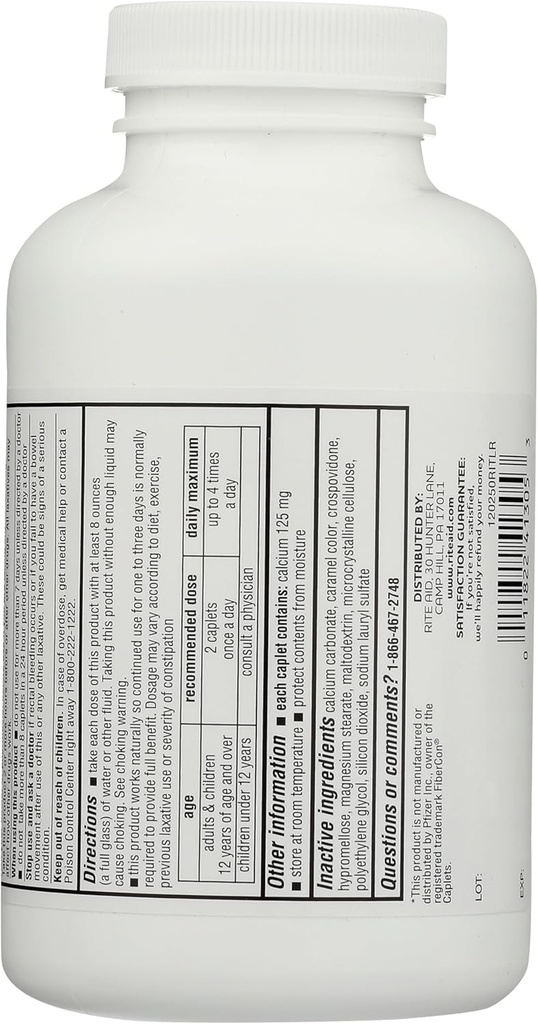 Rite Aid Fiber Caplets, Calcium Polycarbophil 625mg - 250 Count, Laxatives for Constipation, גלולות סיבים למבוגרים