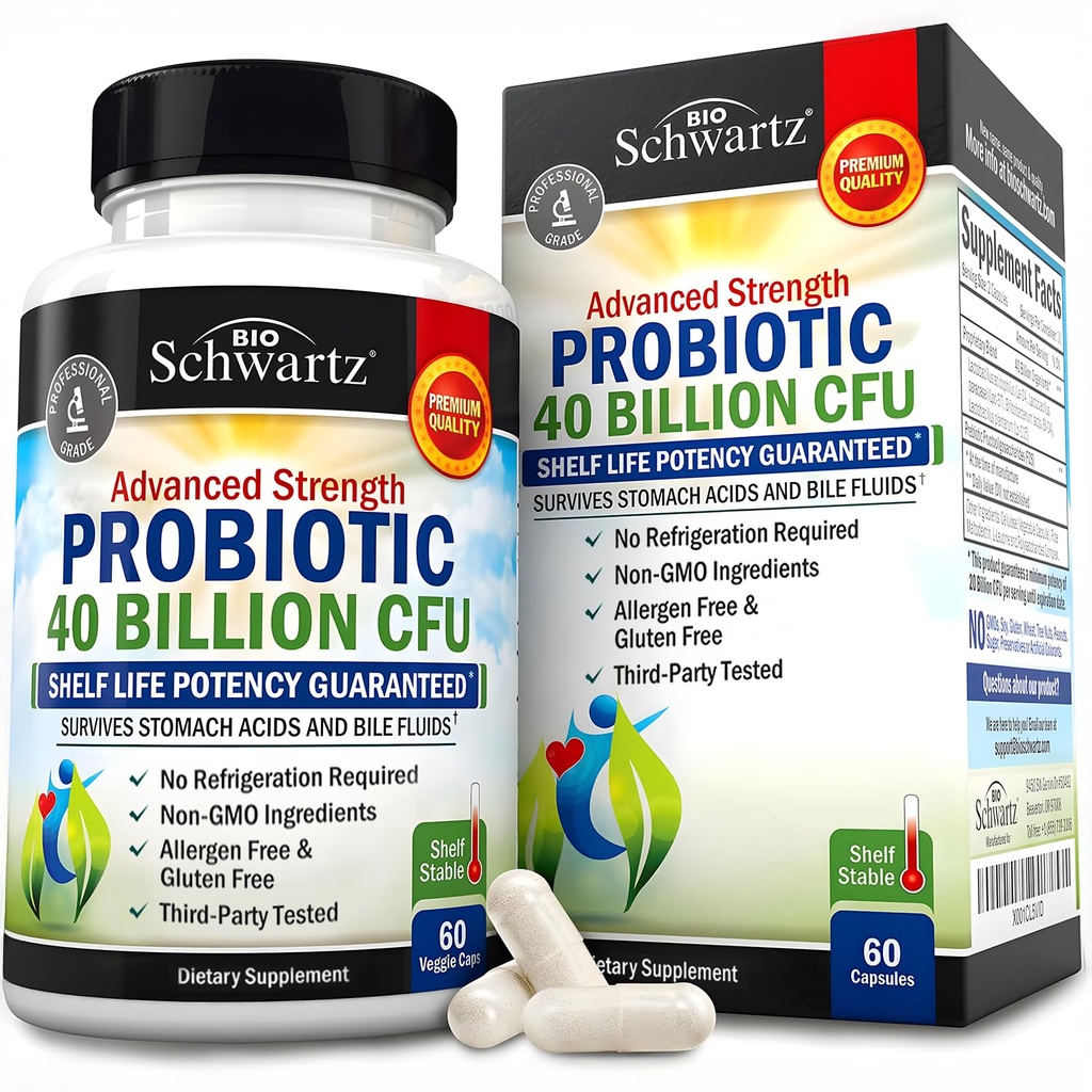 BioSchwartz Daily Probiotic Nutritional תוסף - 40 מיליארד CFU for Gut Health - Probiotics for Men and Women - Digestive Health with Astragalus & Lactobacillus - Shelf Stable - 60 Count