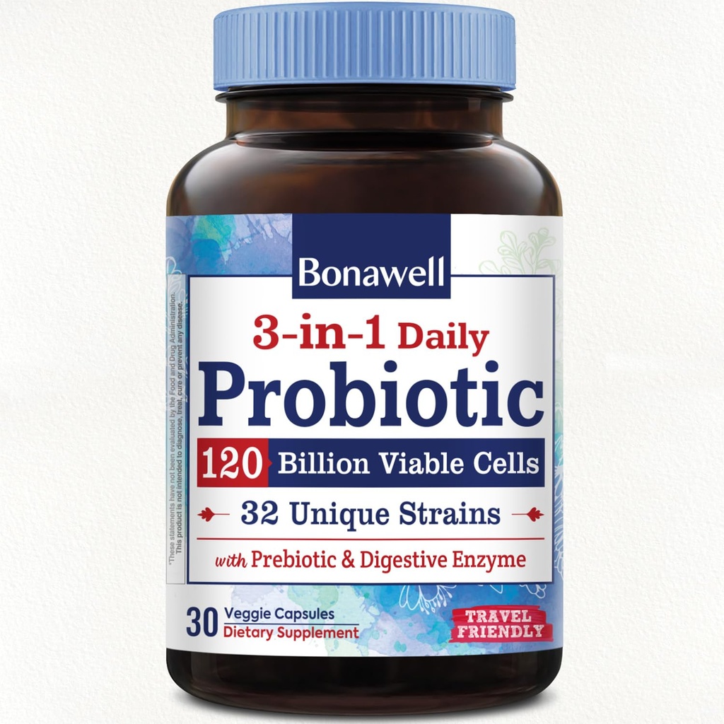 Bonawell Probiotics 120 מיליארד CFU 32 סטרינס עם Prebiotics, Digestive Enzymes for Gut Health, 3in-1 Daily Probiotic, Shelf-Stable, נדחה, 30 Veggie Caps