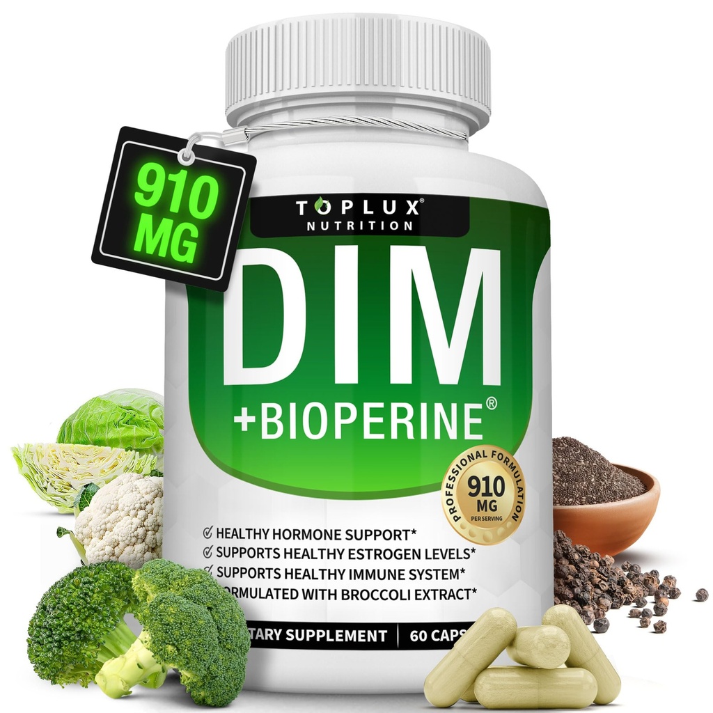 Dim תוסף 910 מ"ג פלוס BioPerine Complex - Diindolylmethane כדי לתמוך איזון הורמונלי ו Estrogen Metabolism, עוזר עם Menopause Acne PCOS Better Skinbuilding, עבור נשים, 60 קפסולות