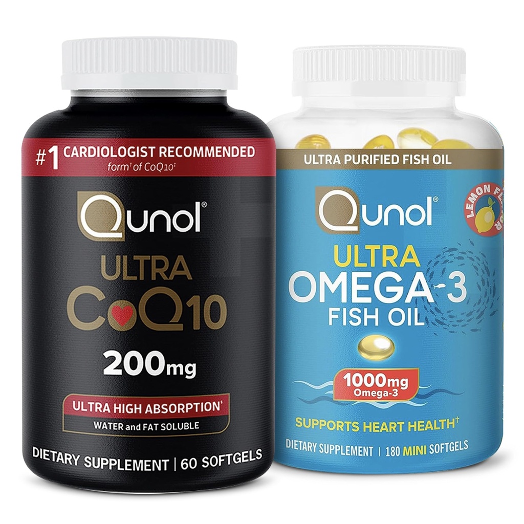 Qunol CoQ10 100 מ"ג Softgels, 3X Better Absorption, 4 חודשים אספקה, 120 Count + Fish שמן אומגה 3 Mini Softgels, 1000mg אומגה 3 EPA + DHA, 3 חודשים אספקה, 180