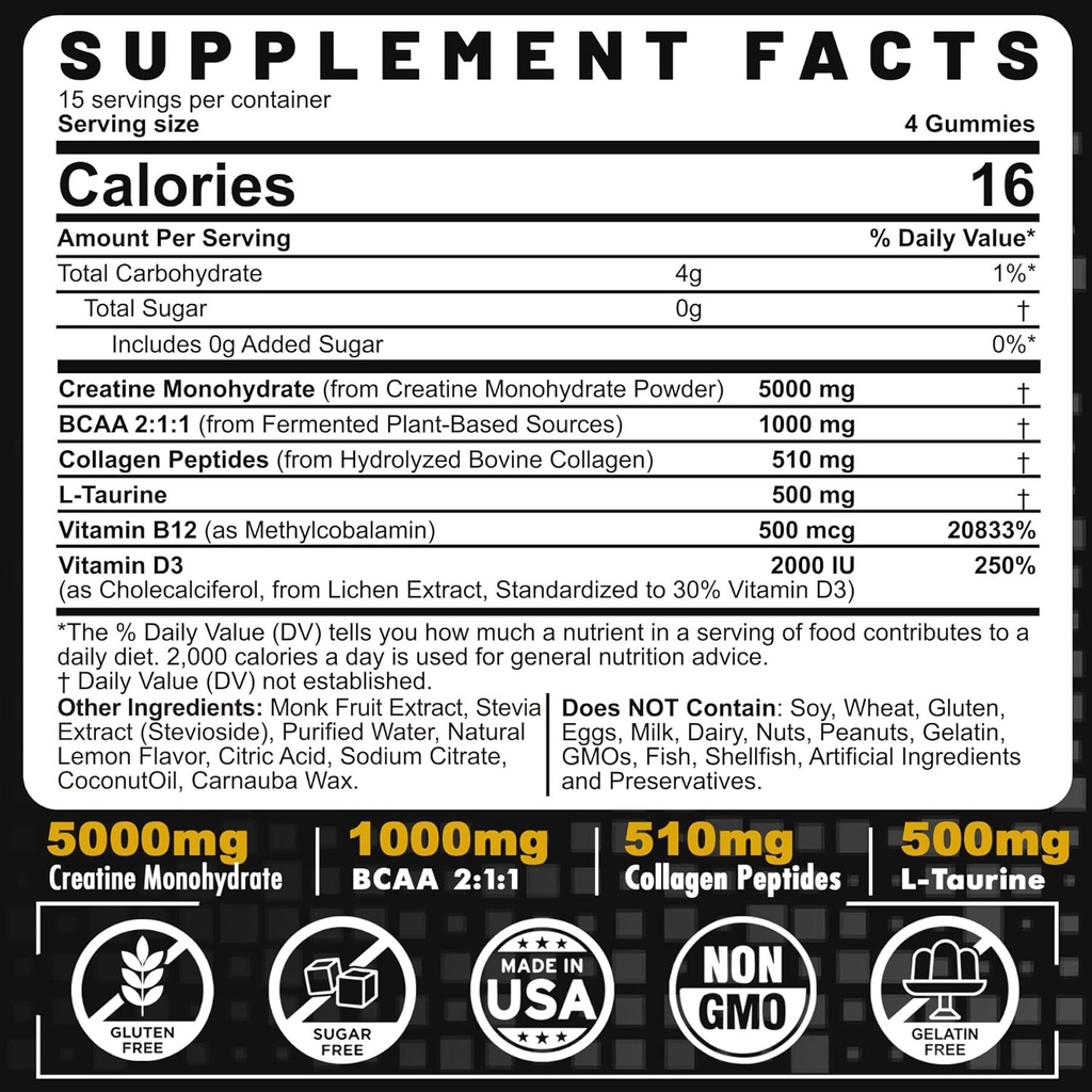 Men's & Women's Creatine Monohydrate Gummies Complex, 6-in-1 Chewable Pre-Workout Creatine עם BCAA, Collagen Peptides, L-Taurine, 15 משרתים, Natural Lemon Flavor - 60 Count (Pack of 1)