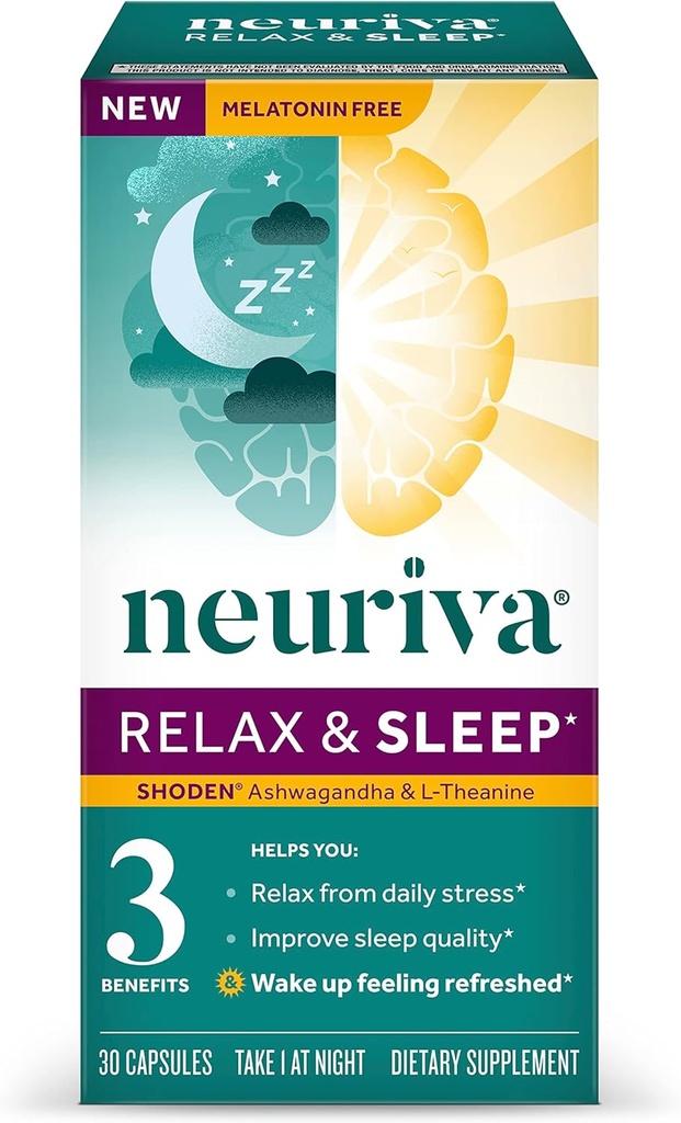 NEURIVA Melatonin חינם Sleep Aid תוספת עם L-theanine כדי לעזור לך להירגע & Ashwgandha לתמוך שינה מנוחה, כך שתוכל להתעורר רענון, 30ct קפסולות