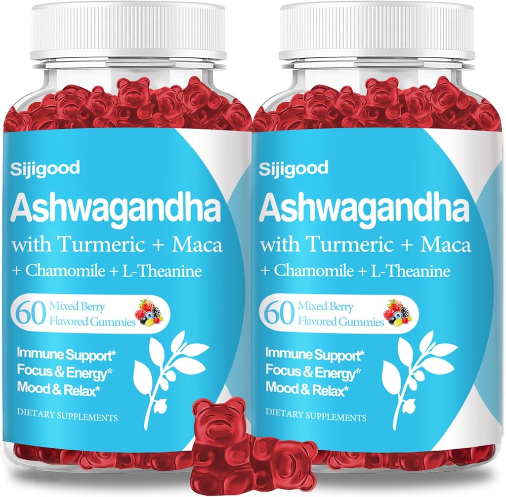 2 Pack Ashwagandha Gummies עם L-theanine, Ashwa Root תוספת חניכיים עבור נשים גברים, 120 מעורבים ברי פלבדור חניכיים