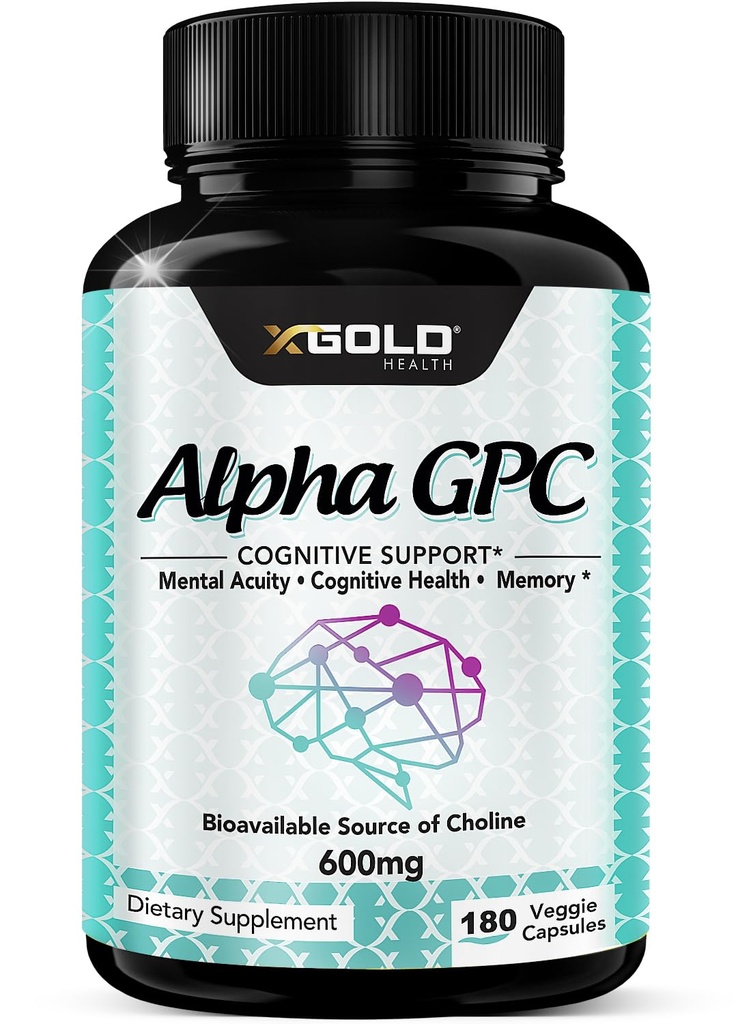 Alpha GPC כולסטרול תוסף 600 מ"ג, 99%+ Highly Bioavailable מקור של Choline, 180 Veggie קפסולות, שיפור קוגניטיבי nootropic, תומך זיכרון ותפקוד המוח, Boosts Focus & Mood