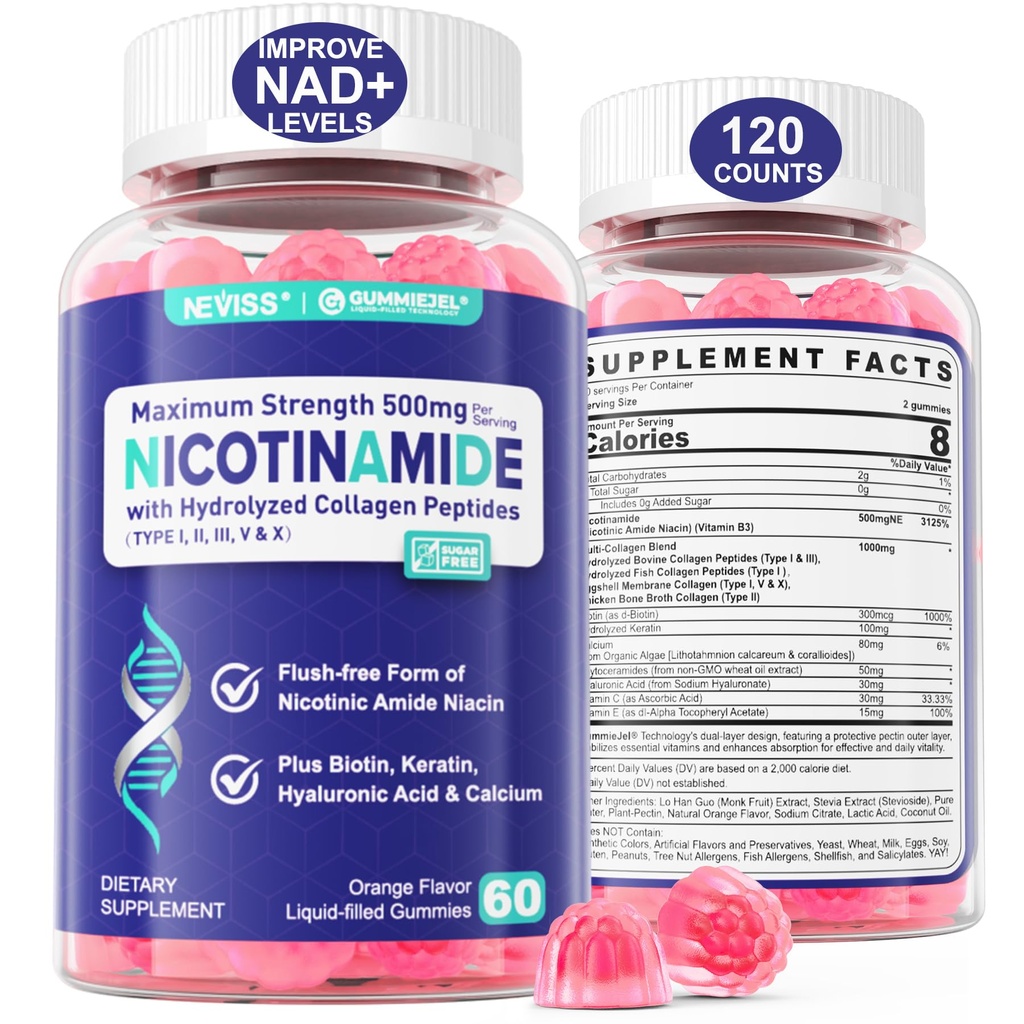 2 Pack - Nicotinamide 500 מ"ג חניכיים, NAD+ תוספת לנשים וגברים w / Collagen Peptides, (Flush Free Niacin) ויטמין B3 Niacinamide עבור אנטי-Aging, NAD + רמות, Longevity, Focus & Brain, Sugar Free
