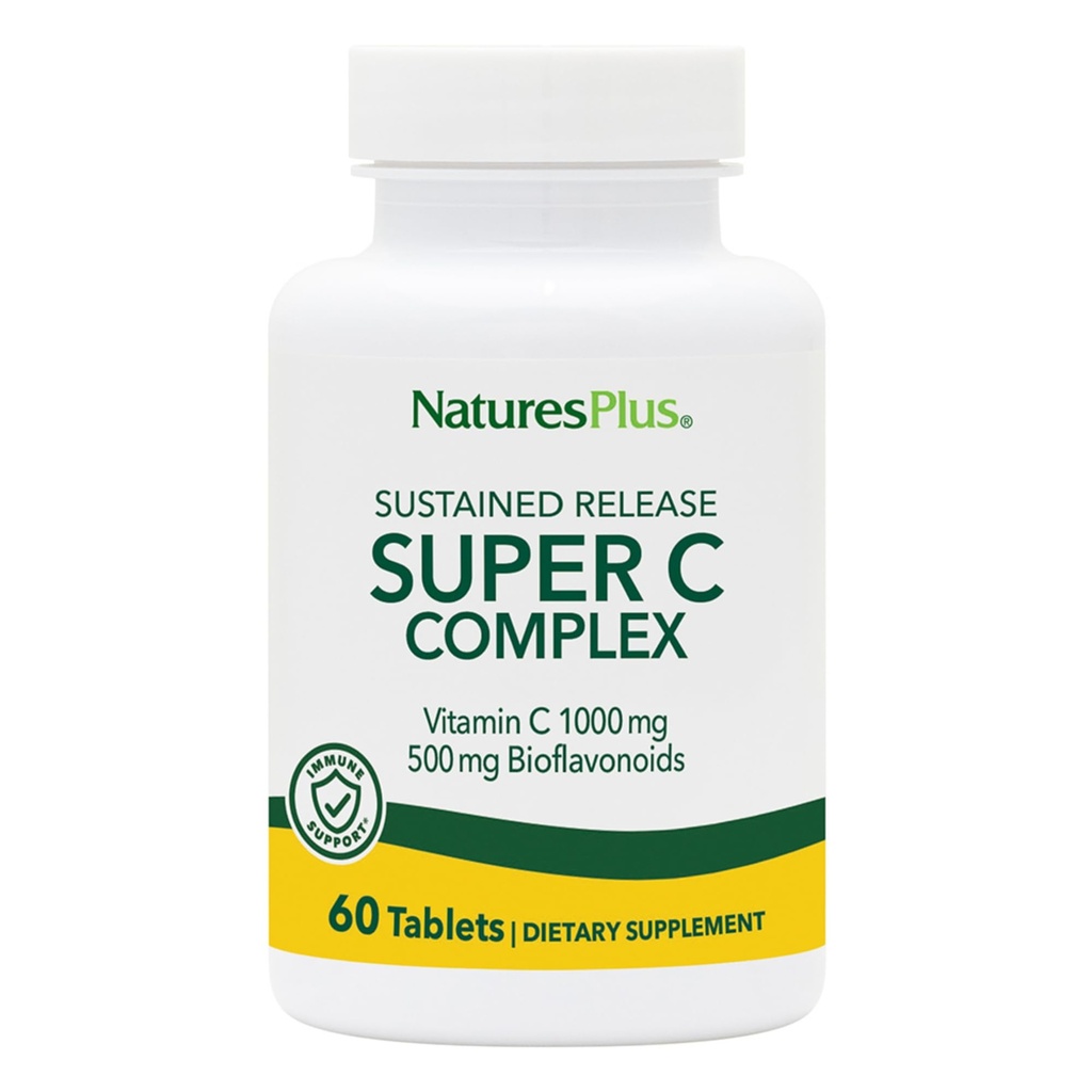NaturesPlus Super C Complex, Sustained שוחרר - 60 טבליות - 1000 מ"ג ויטמין C + 500 מ"ג Bioflavonoids - Vegetarian, Gluten Free - 60 משרתים