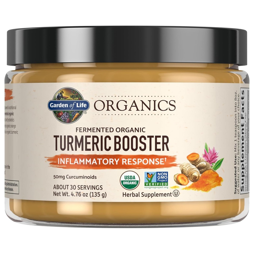 Garden of Life Organics Turmeric Booster Inflammatory אבקת תגובה - 30 משרתים, 50 מ"ג Curcumin (95% Curcuminoids) & Probiotics, אורגני Non-GMO Vegan & Gluten Free Herbal Supplements