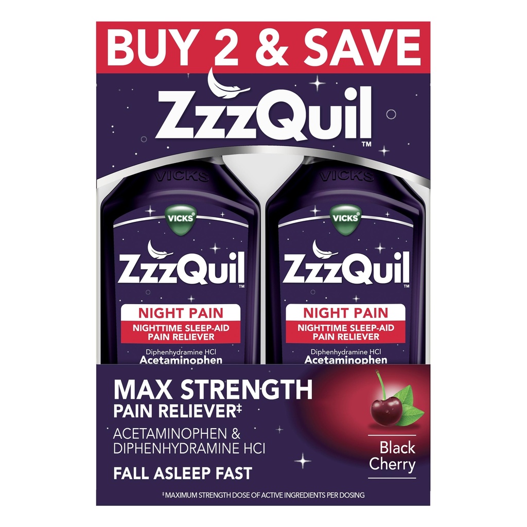 ZzzQuil Liquid Max Power Pain Reliever, Nighttime Sleep Aid נוזלי, Acetaminophen 1000 מ"ג, Diphenhydramine 50 מ"ג HCI, Non-Habit Forming, Black Cherry Flavored, 2 Pack, 24 FL OZ