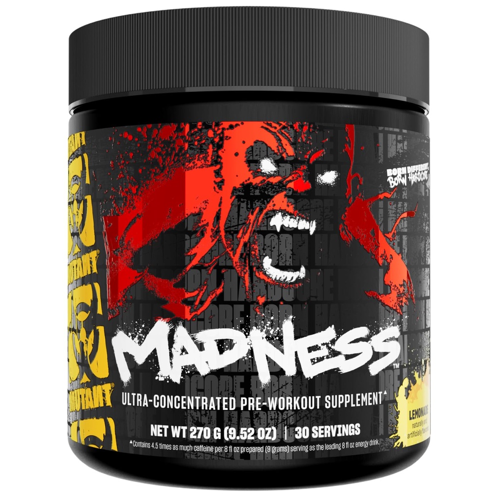 Mutant Madness: Pre Workout אבקת Performance and Pump כולל L-Citrulline, Beta-Alanine, Taurine, L-Tyrosine (Lemonade)