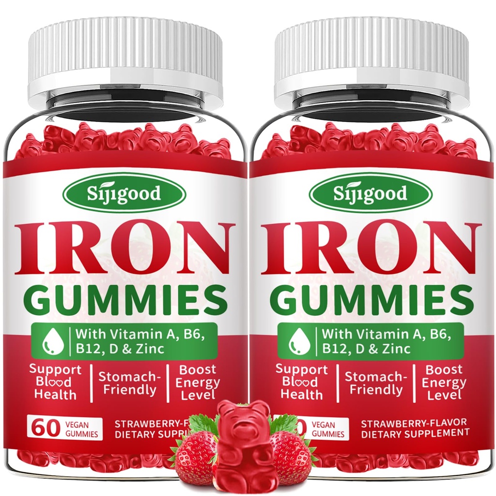 2 Pack Iron Gummies for Women & Men - תוספת ברזל טבעונית עבור אנמיה & Iron Deficiency, עם ויטמין B12, ויטמין C, Zinc, Folate - Energy Boost, Sugar-Free, Strawberry Flavor, 120 הרוזן