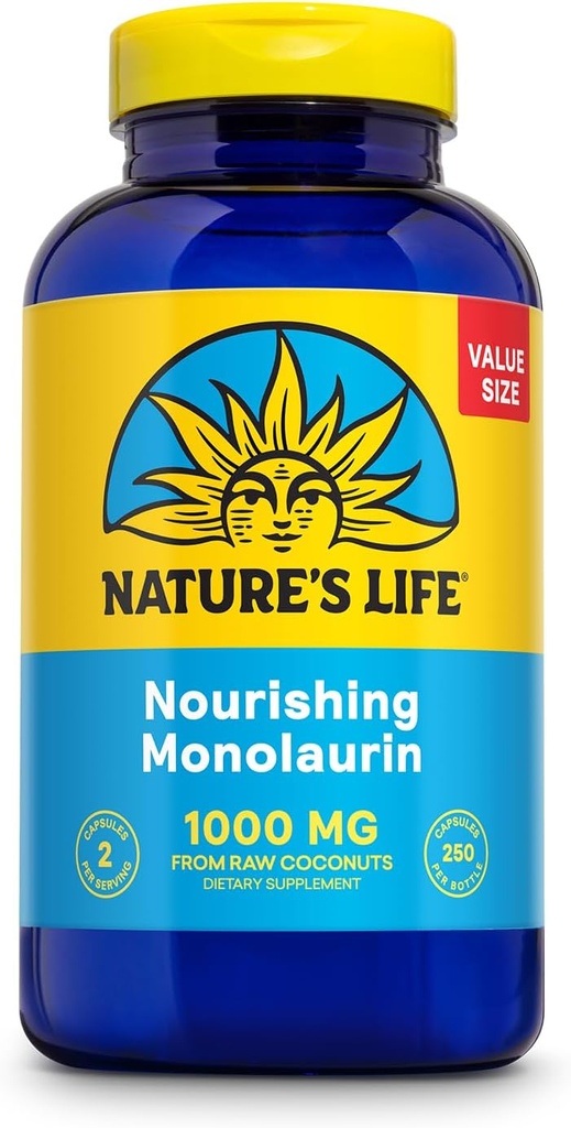 Life Monolaurin 1000 מ"ג, Nourishing Monolaurin של Natural Raw קוקוס, Immune Support Supplement, Gut Health, Balanced Gut Flor, 60 יום ערבות, 125 משרתים, 250 קפסולות צמחוניות