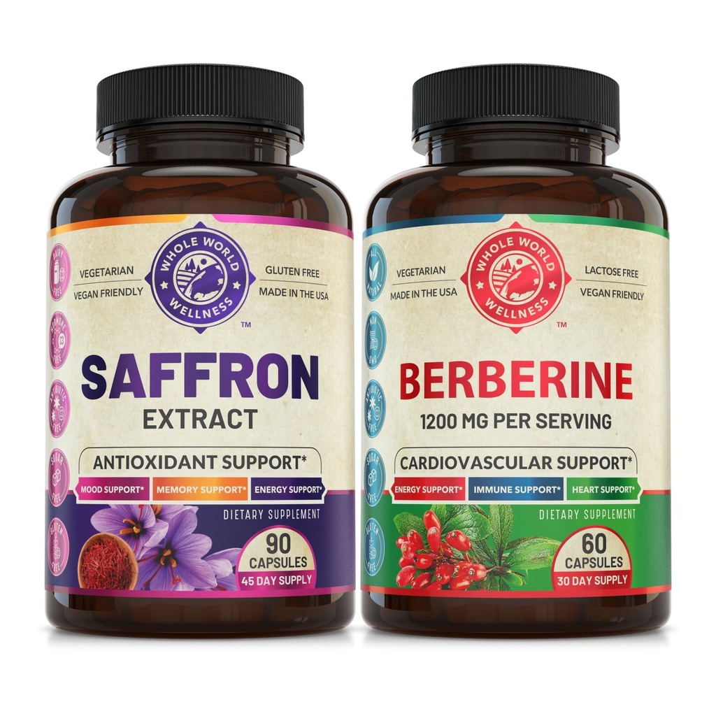 Pure Saffron Extract & Premium Berberine Bundle (One Bottle Every). תמיכה Mood, Energy Boost, פונקציונליות מטאבולית. ארה"ב עשתה.