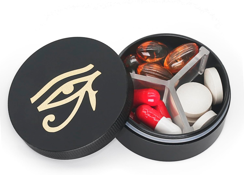 Small Pill Case 3 השוואתיות, Metal Round Portable Pill Box, Waterware Travel Pill Organer, Pocket Purse Medicine Holder EDC Container (Black With Eye)