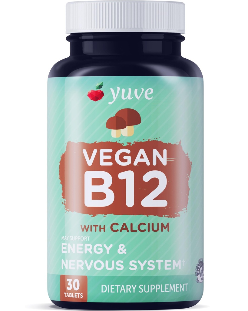 יוב טבעוני B12 עם Calcium עבור Absorbption המקסימלי - Active Energy & Central Nervous System Support - 1000mcg Cobalamin ויטמין B 12 - טבעי, non-GMO, Gluten-Free, Sugar-Free - 30 Tabs
