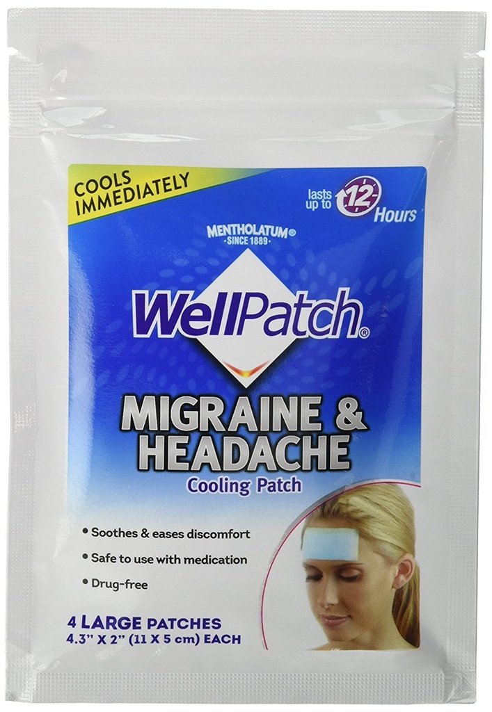 Wellpatch Migraine & Headache Cooling Patch - סמים חינם, נמשך עד 12 שעות, בטוח לשימוש עם תרופות - פטים גדולים (4 פטים גדולים), כל 4.3 x 2 ב -4.