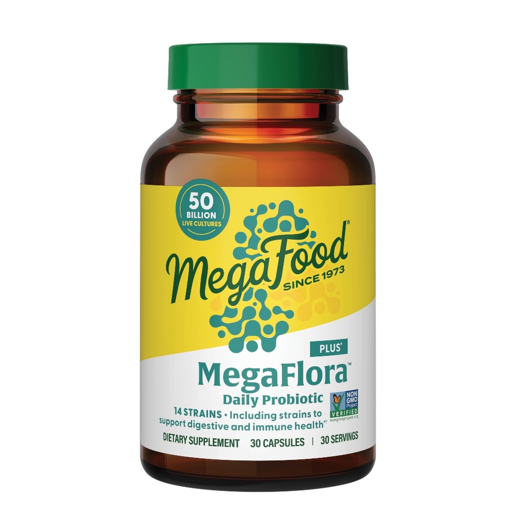 Mega Food MegaFlora Probiotic Plus - Probiotics for Women and Men Digestive Health - 50 מיליארד CFUs & 14 Strains - Immune Support Supplement - Vegetarian - 30 קפסולות