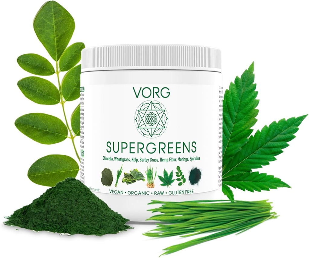 VORG SuperGreens - #1 Green Superfood אבקת עם Chlorella, Barley Grass, Moringa, Kelp, Spirulina, חיטה - 100% אורגני - פרוביוטיקה, סיבים ואנזימים (1 Week Supply).