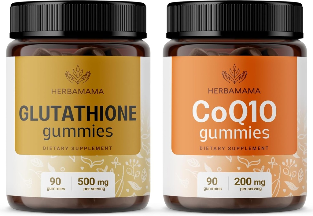 HerBAMAMA Glutathione & CoQ10 Kit - Bundle של 500 מ"ג מופחת L-Glutathione ו 200 מ"ג CoQ10 חניכיים - טבעוני, non-GMO, Gelatin-Free - 2 Pack