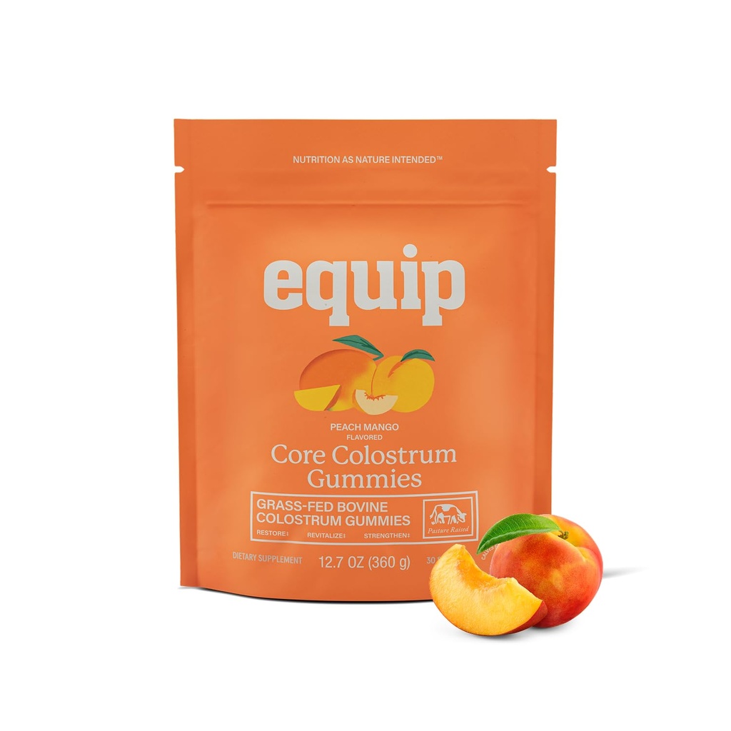 Equip Foods Core Bovine Colostrum Gummies, טעים 1g Per Seving Grass Fed Colostrum תוסף - Gut Health, Immunity, Recovery, Hair & Skin - 60 Bovine Colostrum Gummies, 30 משרתים, Peach מנגו