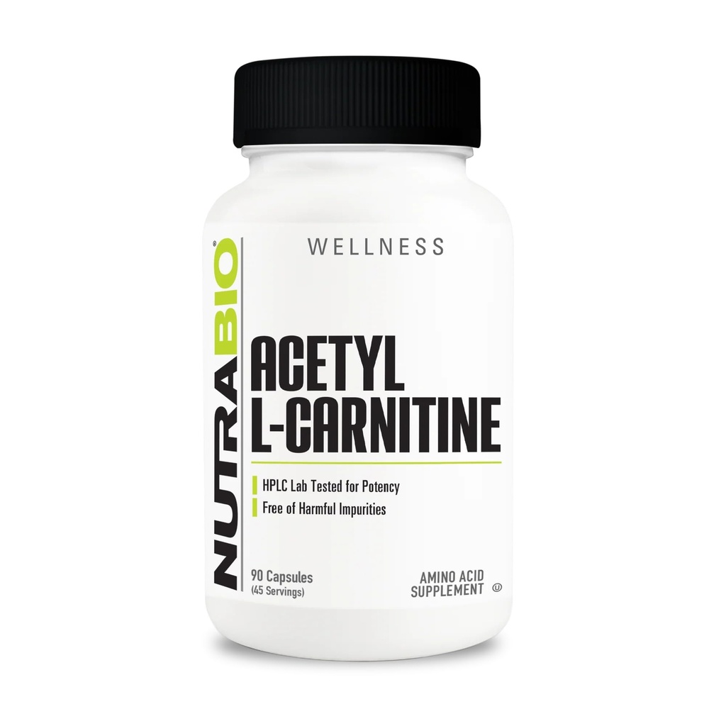 NutraBio Acetyl L-Carnitine (ALCAR) תוסף, 500 מ"ג - תמיכה בייצור אנרגיה טבעית, ניהול מטאבולי ובריאות כוללת, 90 קפסולות