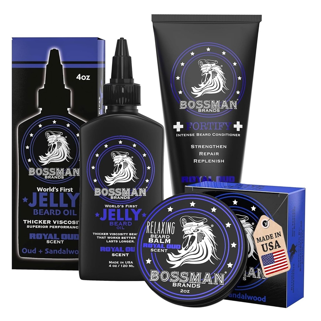 בוסמן Essentials Beard Kit for Men, Set of 3 - Beard Oil Jelly, Fortifying Conditioner Cream, Beard Balm - Grooming Growth Care אביזרים - מתנה לגברים (Royal Oud)