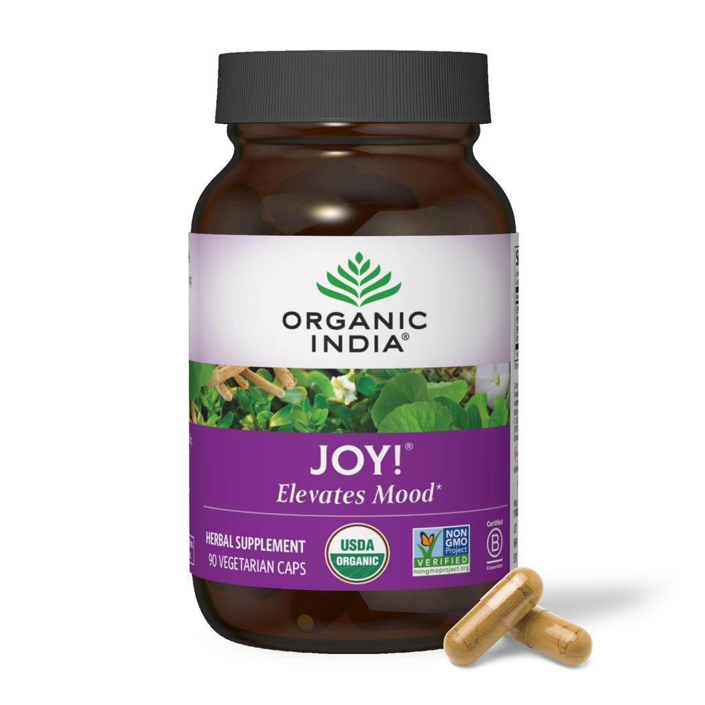 OrganIC INDIA Joy Herbal תוסף - תמיכה כספית, מקדם זיכרון וריכוז, טבעוני, Gluten-Free, כשר, USDA מוסמך אורגני, non-GMO, Calming - 90 קפסולות