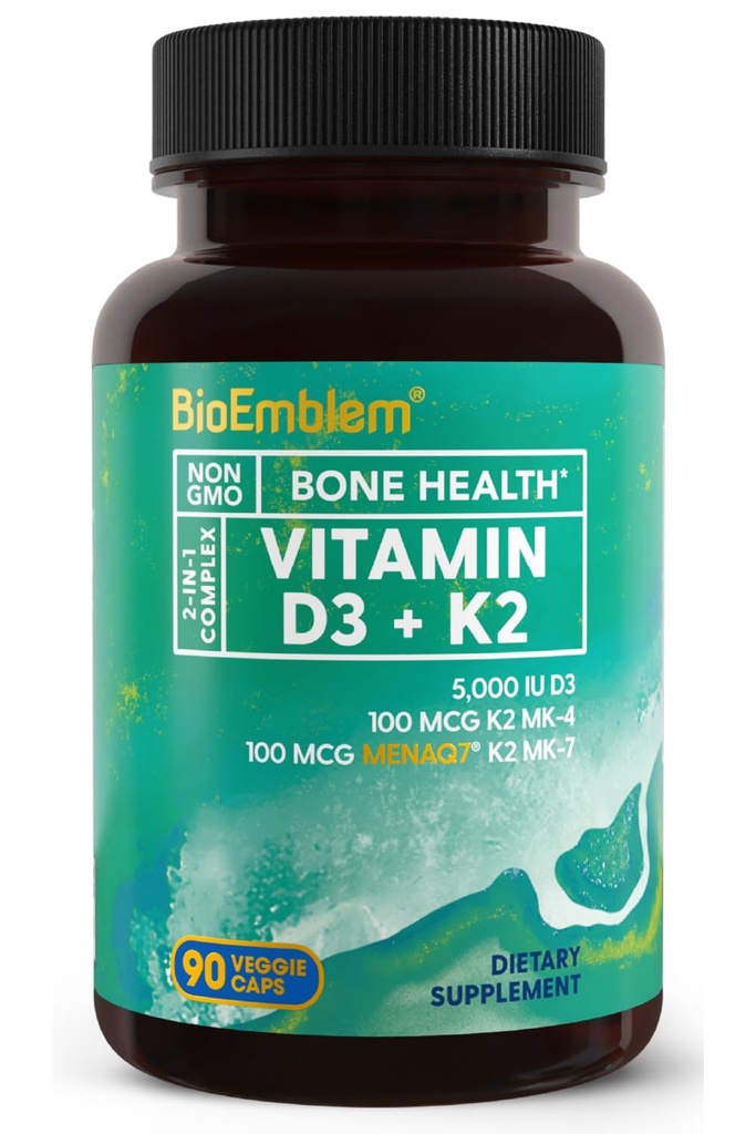 ויטמין D3 K2 קפסולות (5000IU ו 200mcg) - MK7 פטנט MK7 ו MK4 עבור תמיכה מורכבת 3in-1 - ויטמין D2 לשיניים, לב, מערכת החיסון - Non-GMO, 90 Caps