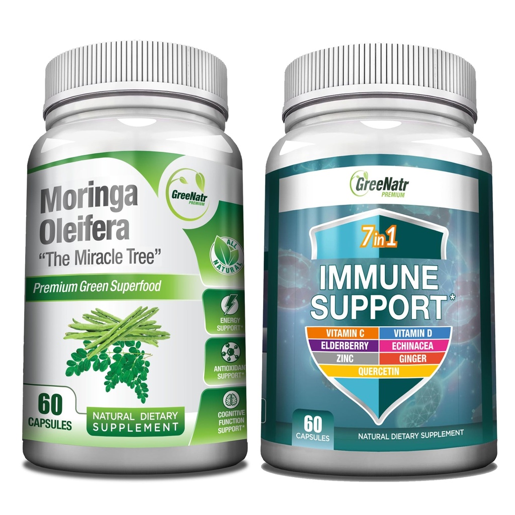 GreeNatr Energy Support & Immune Defense Bundle: Pure Moringa Oleifera Leaf Extracts (1000 מ"ג) עם 7-in-1 Immune Support Formula for Energy, Mood, Memory, Focus, Focus