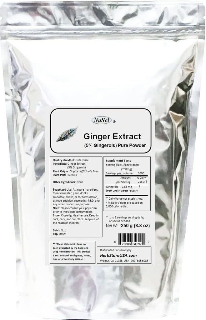 תמצית שורש ג'ינג'ר 250g (8.8 oz) אבקת סטנדרטית 5% ג'ינג'רל, מערכת תמיכה
