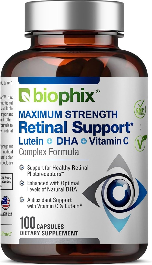 Biophix Retinal Support מקסימום כוח מורכב פורמולה 100 קפסולות - Znc ויטמין C E Lutein DHA אומגה 3 Astaxanthin Hyaluronic Acid - תמיכה ב- Eye Vision Health